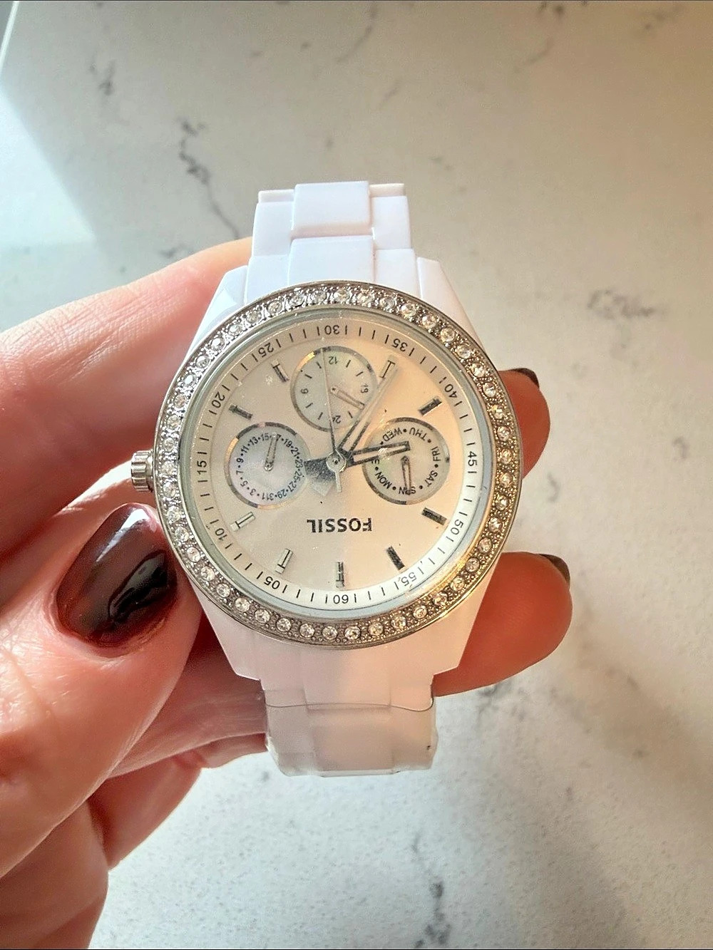 Fossil ES1967 White Crystal Bezel Watch NWT